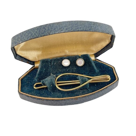Tie Clip 10K Gold Filled and Mother of Pearl Tuxedo Buttons in Leather Box - Picture 9 of 11